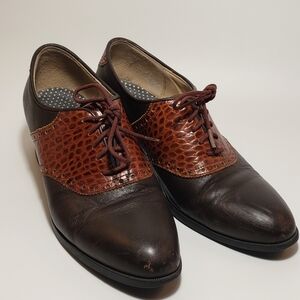 Womens Dark Brown with Faux Alligator Accents Heeled Oxford Saddle Shoes Lace Up